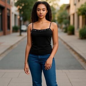 Bill Blass Size 12 Swim Suit/top Black Built‎ In Bra Pearl Trim